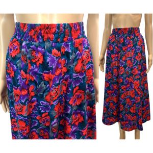 80s Purple & Red Floral Rayon Midi Skirt  - Fashionconservatory.com