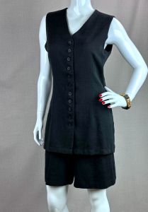 80s Black Linen Scooter Romper Dress, Sleeveless with Button Front by Inclinations, Sz 10