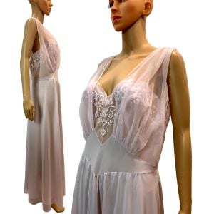 50s Fancy Embroidered Pink Chiffon Full Length Nightgown 