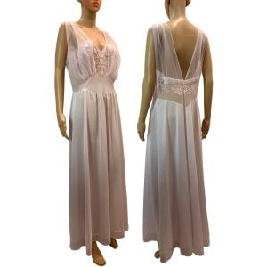 50s Fancy Embroidered Pink Chiffon Full Length Nightgown  - Fashionconservatory.com