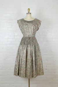 1950s party dress . 50s gray printed dress with crinoline . medium - Fashionconservatory.com