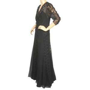 Vintage 1930s Evening Gown Black Silk Chiffon & Lace Dress Size L
