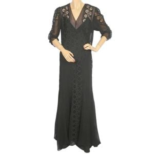 Vintage 1930s Evening Gown Black Silk Chiffon & Lace Dress Size L - Fashionconservatory.com