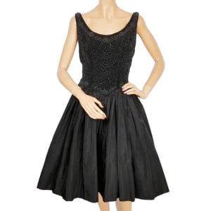 Vintage 1950s Party Dress Beaded Velvet Bodice Taffeta Skirt Size M