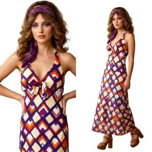 70s Psychedelic Print Maxi Halter Dress |