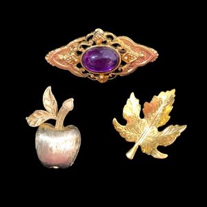 3 Vintage Gold Scatter Pins Brooches Apple | Purple & Gold Romantic | Leaf |