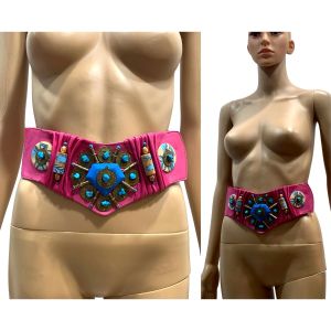 90s Super Wide Pink Leather Belt w Turquoise & Coins  - Fashionconservatory.com
