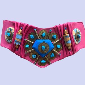 90s Super Wide Pink Leather Belt w Turquoise & Coins 