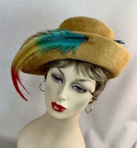 Vintage 70s Tan Faux Fur Felt Asymmetrical Breton Style Feather Hat by Samuel Spigel