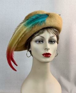 Vintage 70s Tan Faux Fur Felt Asymmetrical Breton Style Feather Hat by Samuel Spigel - Fashionconservatory.com
