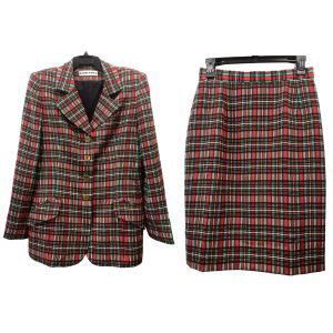 90s Red Plaid Silk Skirt Suit | Tailored Blazer & Pencil Skirt - Fashionconservatory.com