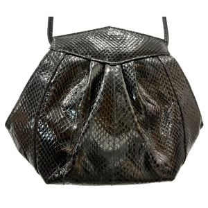  80s Black Snakeskin Shoulder Bag – Geometric Pleated Leather Purse w Long Strap, Structured Hexagon