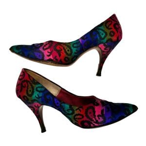 Vintage 1950s Colorful Silk & Leather Pumps | Serenade Rich Jewel Tones | Vintage size 6.5