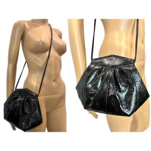  80s Black Snakeskin Shoulder Bag – Geometric Pleated Leather Purse w Long Strap, Structured Hexagon - Fashionconservatory.com
