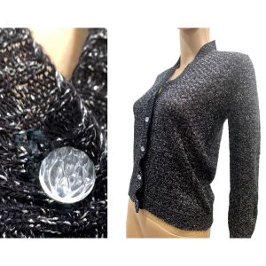 70s Black & Silver Metallic Sparkle Cardigan Sweater