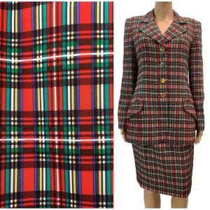 90s Silk Plaid Skirt Suit – 80s Red Tartan Power Suit Designer Blazer & Pencil Skirt