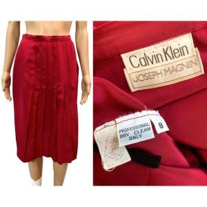 70s Burgundy Silk Pleated Midi Skirt  - Fashionconservatory.com