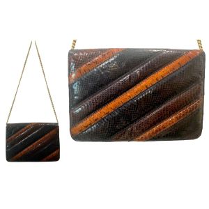 70s Brown Orange & Black Snakeskin Shoulder Bag w Chain | Clutch - Fashionconservatory.com