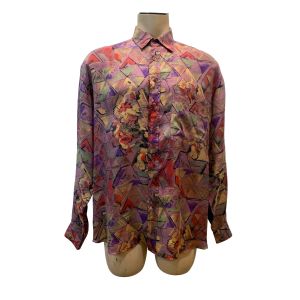 90s Abstract Pattern Menswear Multicolor Silk Shirt 