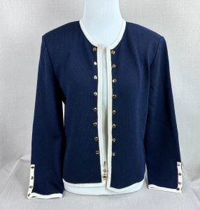 Vintage Navy Blue and White St John Zip Front Cardigan Sz 6