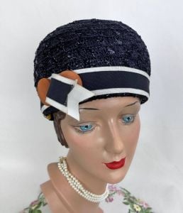 Vintage Deadstock 1930s Navy Straw Cloche Hat with Tags
