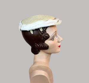 Vintage 50s Natural Straw Close Hat with Antique White Satin Trim by Adrienne - Fashionconservatory.com