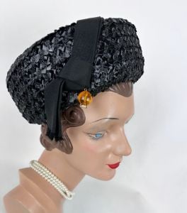 Vintage 60s Black Straw Breton Style Hat