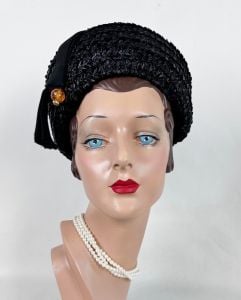 Vintage 60s Black Straw Breton Style Hat - Fashionconservatory.com