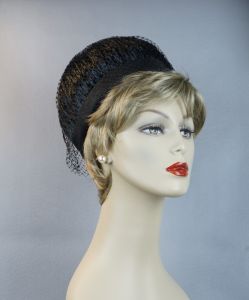 Vintage 60s Black Straw Bubble Crown Pillbox Hat - Fashionconservatory.com