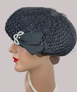 Vintage 40s - 50s Black Straw Asymmetrical Hat with Clear Rhinestone Brooch - Fashionconservatory.com