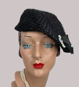 Vintage 40s - 50s Black Straw Asymmetrical Hat with Clear Rhinestone Brooch
