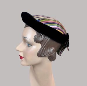 Vintage 50s Multi Colored Stripe Hat, Beret with Velvet Trim - Fashionconservatory.com