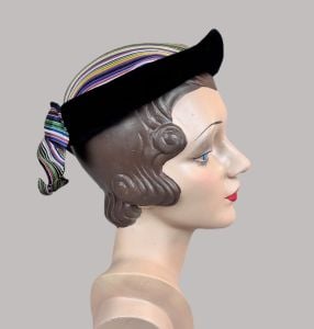 Vintage 50s Multi Colored Stripe Hat, Beret with Velvet Trim