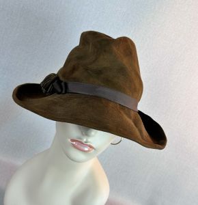 70s Brown Suede Floppy Wide Brim Hat by Ambrose