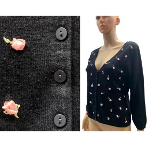 Y2K Black Silk & CASHMERE Blend Kitten Sweater with Roses Cardigan