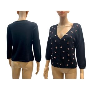 Y2K Black Silk & CASHMERE Blend Kitten Sweater with Roses Cardigan - Fashionconservatory.com