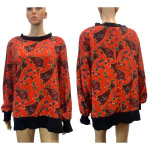 80s Red Jewel Print Silky Polyester Oversized Tunic 