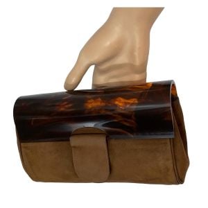 60s 70s Velveteen Faux Suede & Tortoise Shell Lucite Clutch Bag 