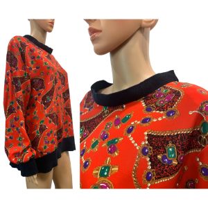 80s Red Jewel Print Silky Polyester Oversized Tunic  - Fashionconservatory.com