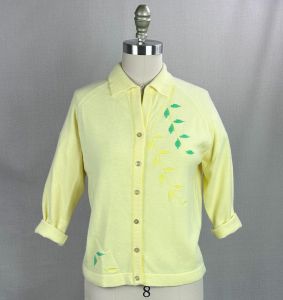 60s Lemon Yellow Leaf Design Cardigan Sweater, Button Loop Collar, Talbott Taralan, Sz M 