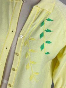 60s Lemon Yellow Leaf Design Cardigan Sweater, Button Loop Collar, Talbott Taralan, Sz M  - Fashionconservatory.com