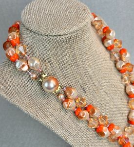 Vintage 50s Tangerine, Cream and Peach Double Strand Beaded Necklace  - Fashionconservatory.com