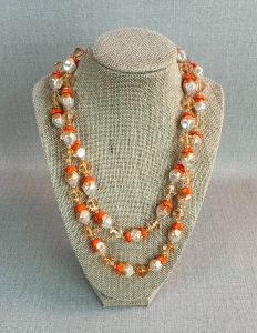 Vintage 50s Tangerine, Cream and Peach Double Strand Beaded Necklace 