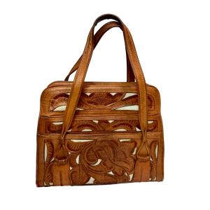 70s Cognac & White Floral Tooled Leather Bag Mexico 