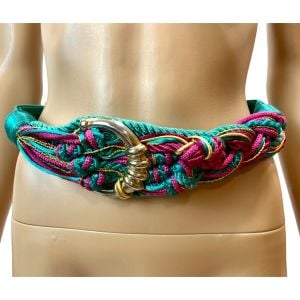 80s Boho Gypsy Teal Fuchsia and Gold Cord Knot Obi Belt 