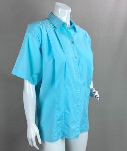 Teal Oversize Cotton Short Sleeve Button Front Blouse by Geiger, B42 - Fashionconservatory.com