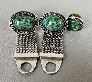 Vintage 60s Silvertone Mesh Cufflinks and Tie Tac with Teal Stone