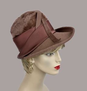 Vintage 1970s Taupe Faux Fur Asymmetrical Ladies Fedora Hat, Samuel Spigel