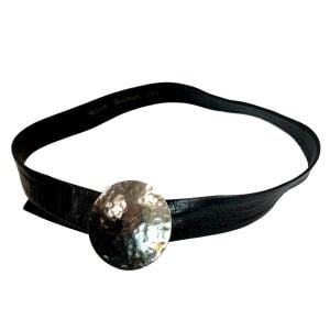 80s Black Leather Belt Hammered Silver Disc Buckle M - Fashionconservatory.com