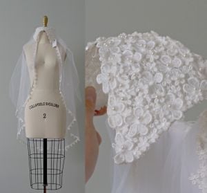 1980s bridal cap with lace and medium long tulle veil